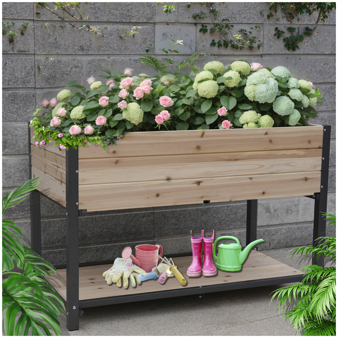 Style: 45" Iron Wood Combined Growing Beds With Feet And Storage Racks. Suitable For Various Places Such As Gardens, Backyards, Terraces, Balconies, Etc. Natural Solid Wood