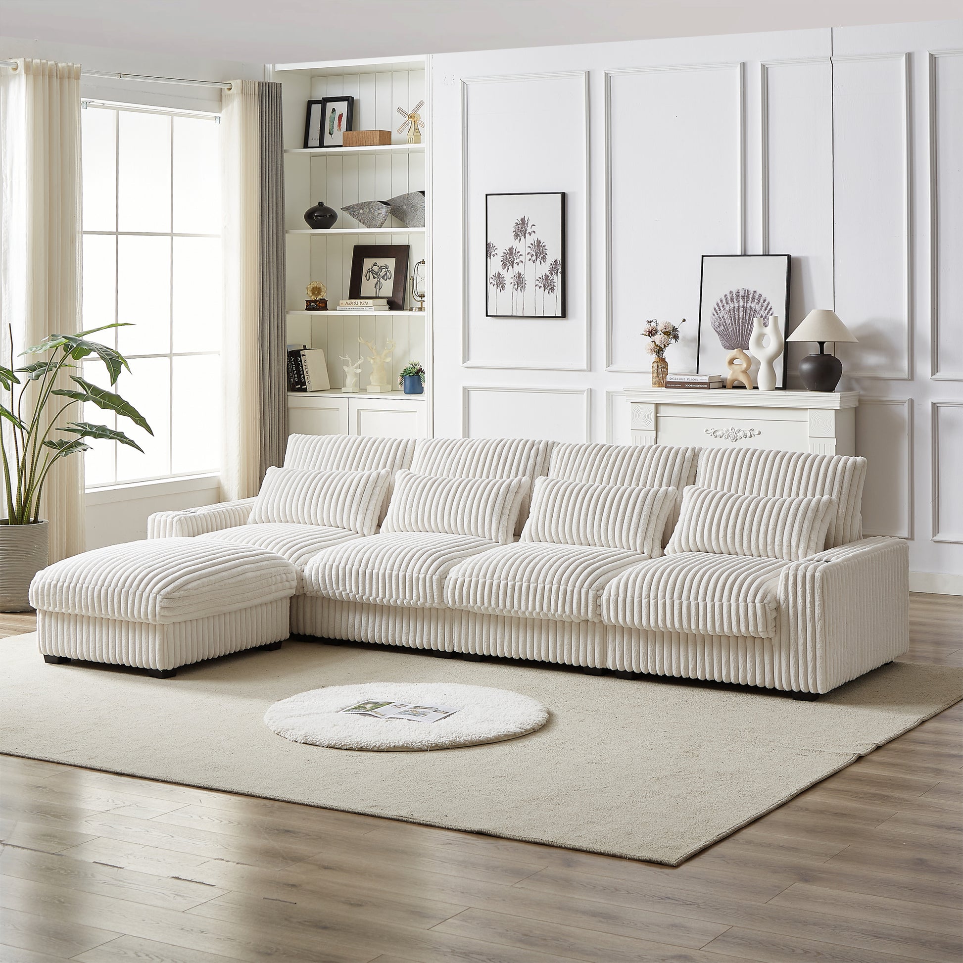 128 Inch Corduroy With Cup Holder Super Large L Shaped Sofa, Movable Footrest, Four Waist Pillows And Four Back Cushion, With Usb Port And T Pyce Port Beige Corduroy 3 Seat