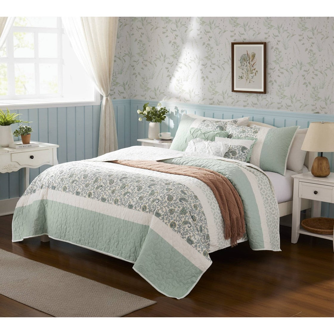 6 Piece Cotton Percale Quilt Set With Throw Pillows Aqua Full Queen Full Aqua Polyester