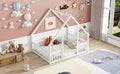 Full Wood House Shaped Floor Bed With Fence, Guardrails,White Full White American Design Pine