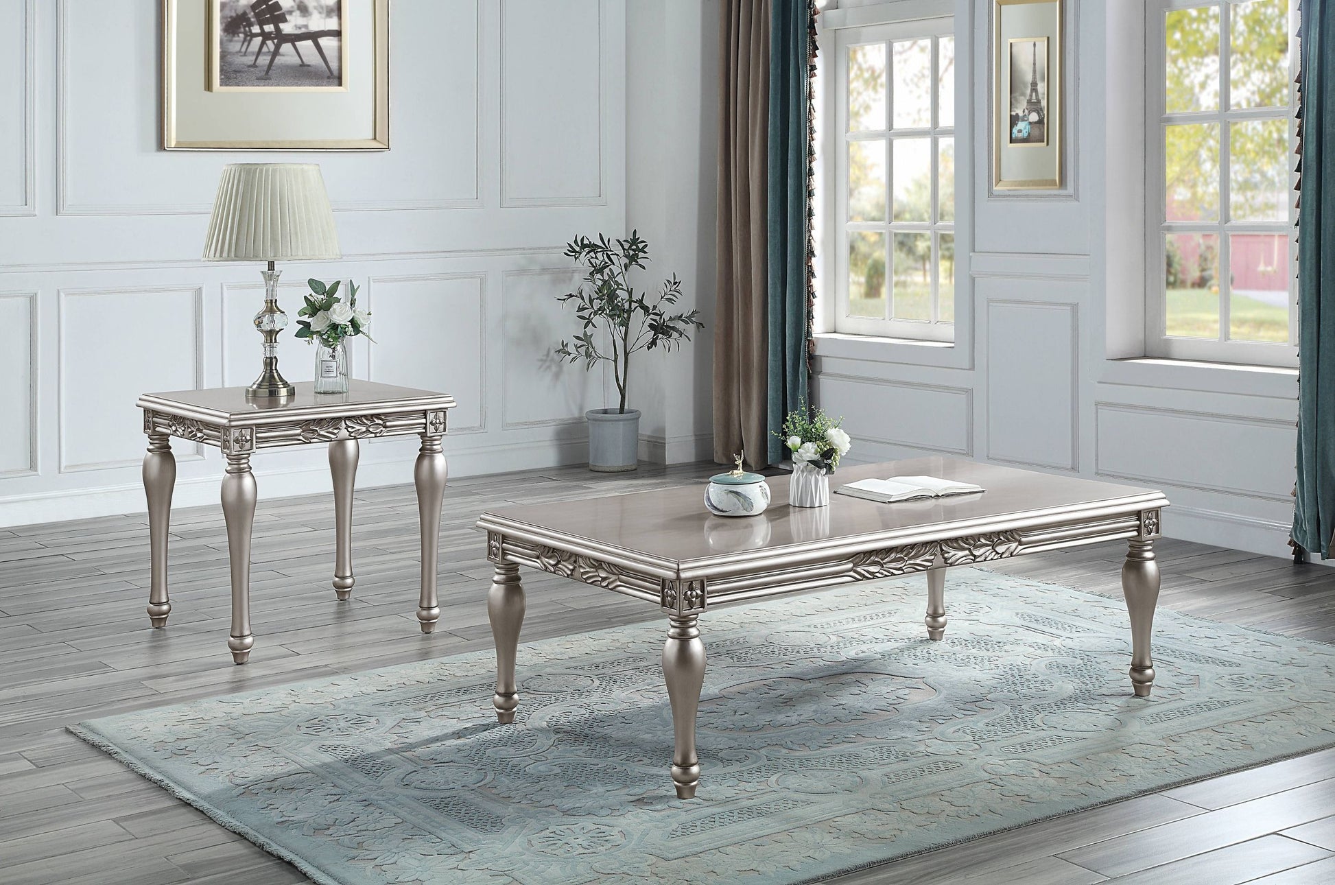 Platinum Coffee Table Silver Primary Living Space Rectangular Solid Wood Mdf