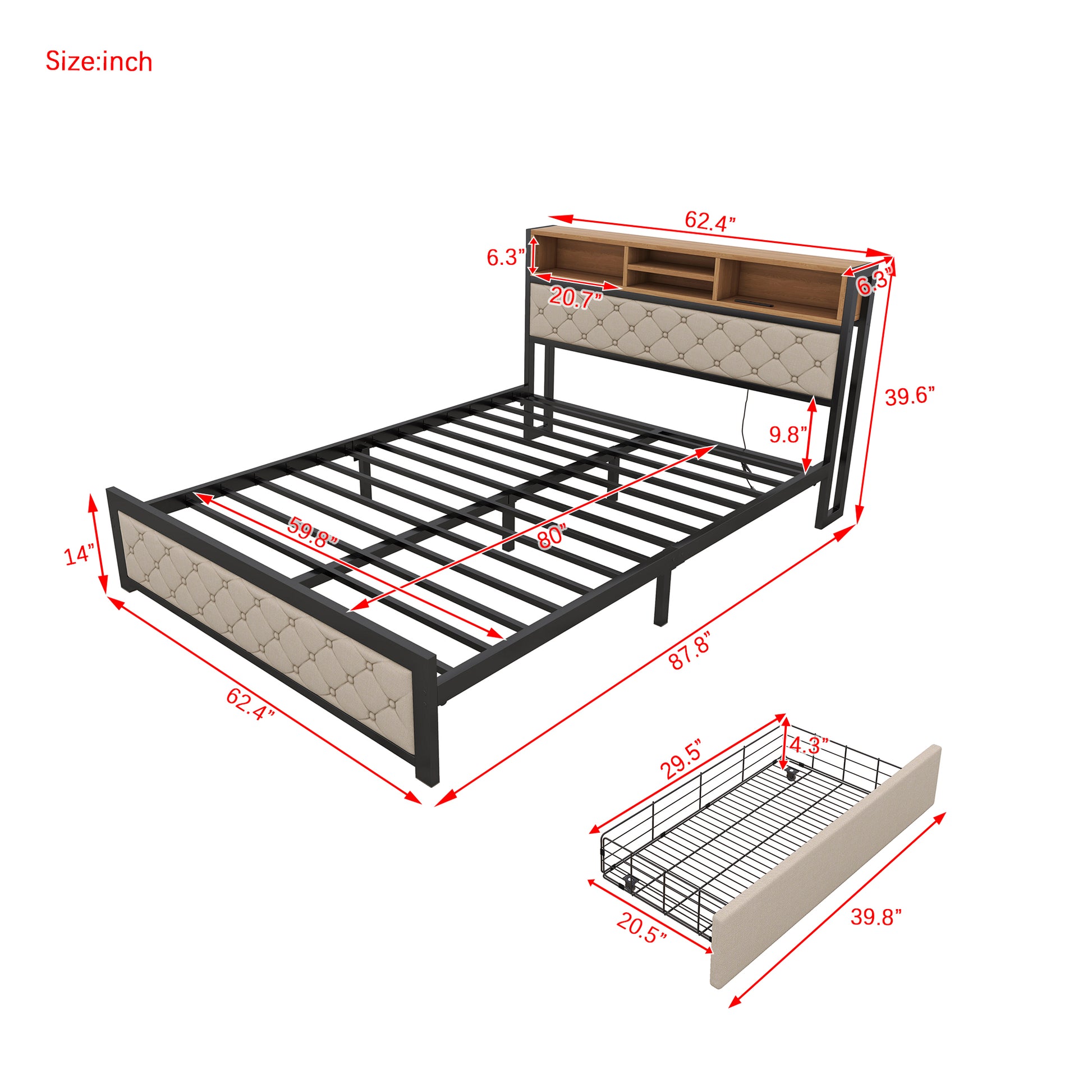 Metal Queen Size Platform Bed With 4 Drawers, Upholstered Headboard And Footboard, Sockets And Usb Ports, Beige Queen Beige Black Fabric Metal