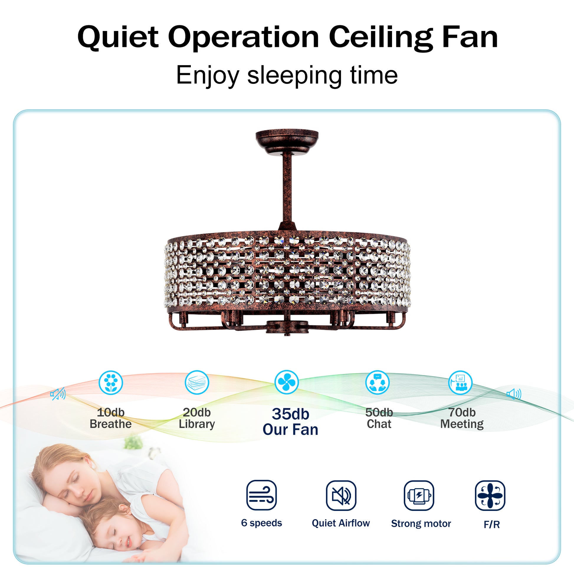 Dia 26.8 Inch Chandelier Ceiling Fan ,Crystal Shade Ceiling Fan With Remote Control,3 Abs Blade 4 Light No Include Bulb Rustic Brown American Design,American Traditional,Classic,Contemporary,Farmhouse Abs Metal