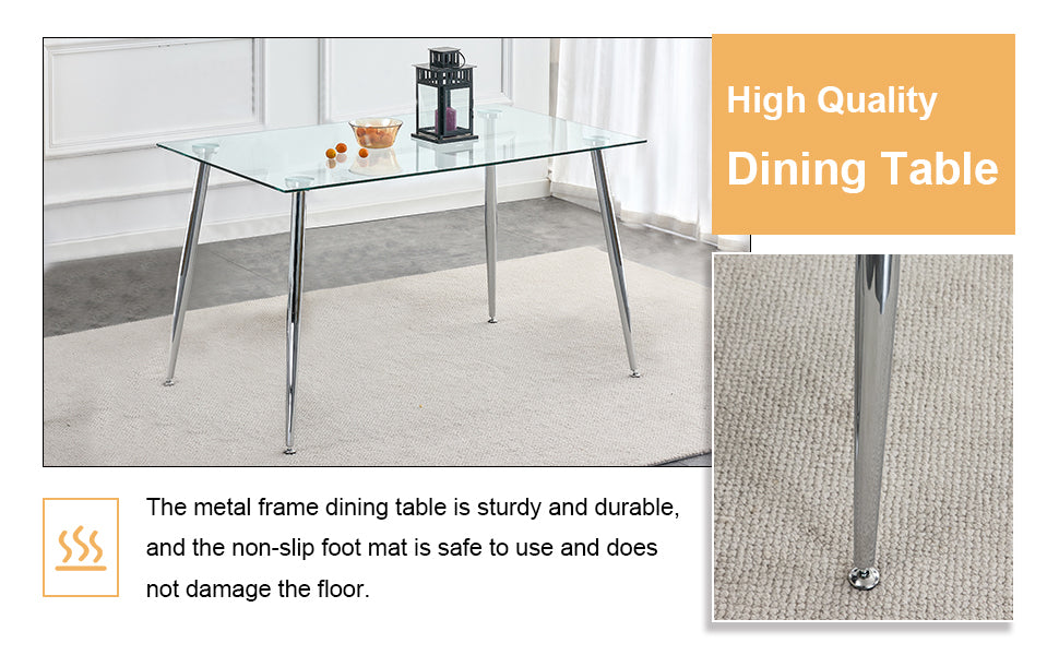 Table And Chair Set.Rectangular Dining Table With Tempered Glass Tabletop And Silver Plating Metal Legs.Paired With 6 Checkered Armless High Back White Chairs With Electroplated Metal Legs. White Seats 6 Glass Metal