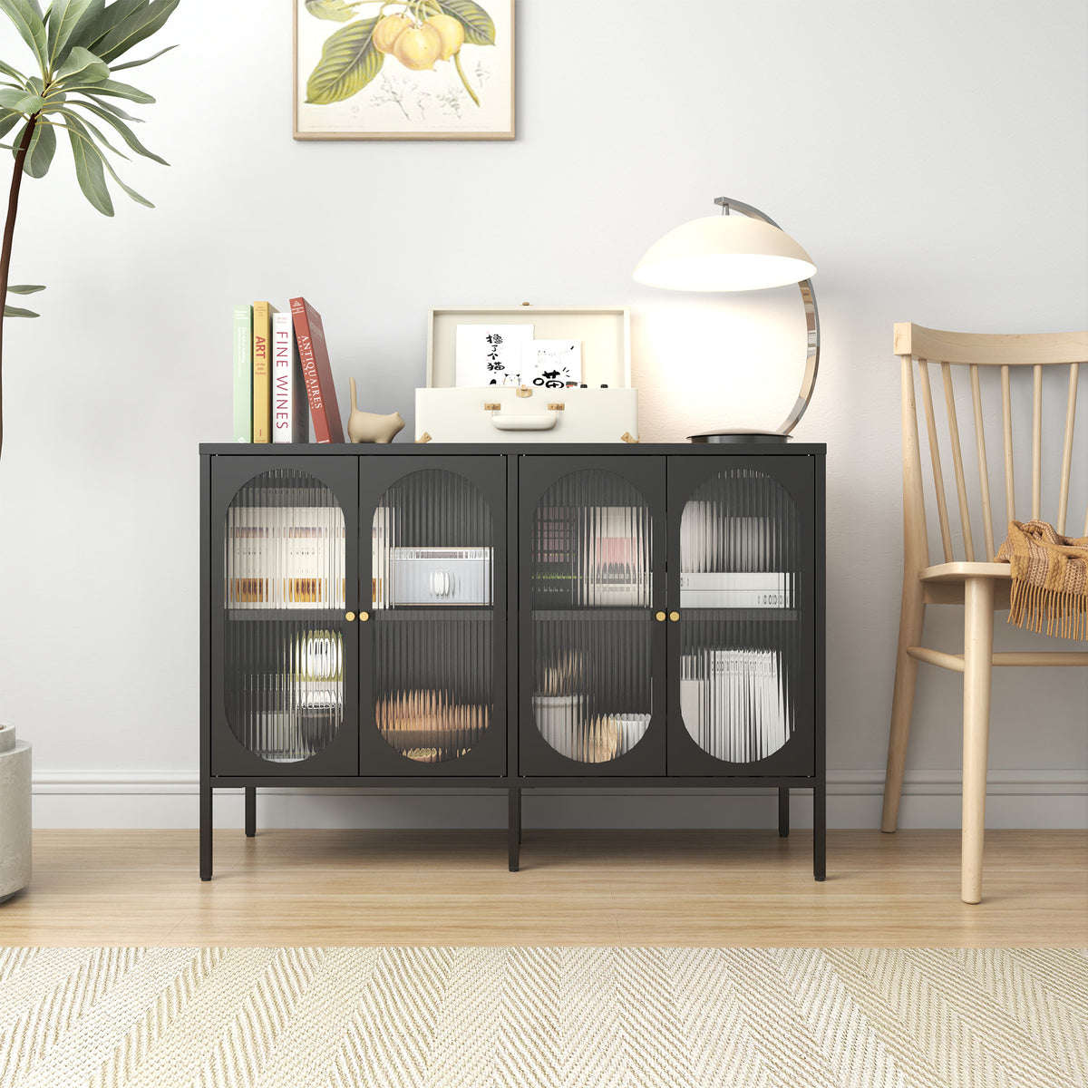Metal Sideboard Cabinet With 4 Glass Door, Steel Locker Sideboard Buffet Cabinet, Sideboard Buffet Cabinet With 4 Doors, Kitchen Storage Cabinet, Coffee Bar Cabinet For Kitchen, Living Room, Black