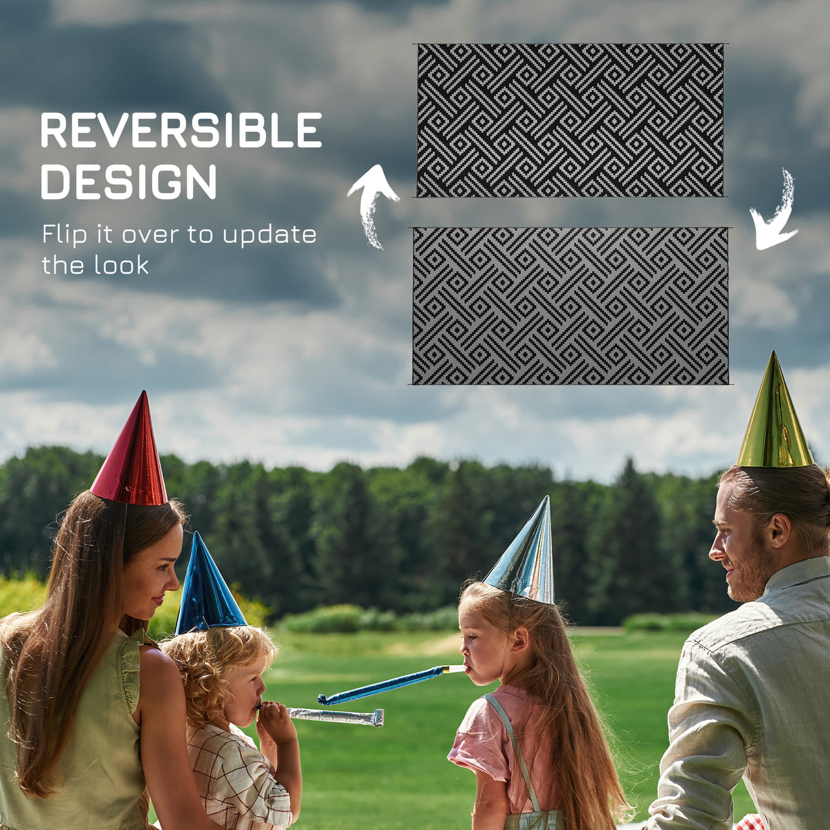 Outsunny Reversible Outdoor Rug, 9' X 18' Waterproof Plastic Straw Floor Mat, Portable Rv Camping Carpet With Carry Bag, Large Floor Mat For Backyard, Deck, Picnic, Beach, Black & Gray Geometric Multicolor Polypropylene