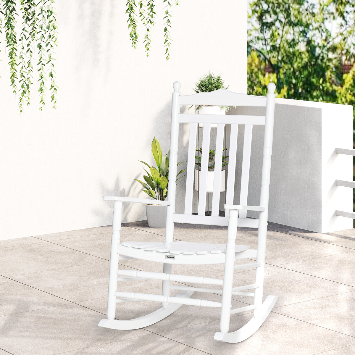 Outsunny Traditional Wooden High Back Rocking Chair For Porch, Indoor Outdoor, White White Wood