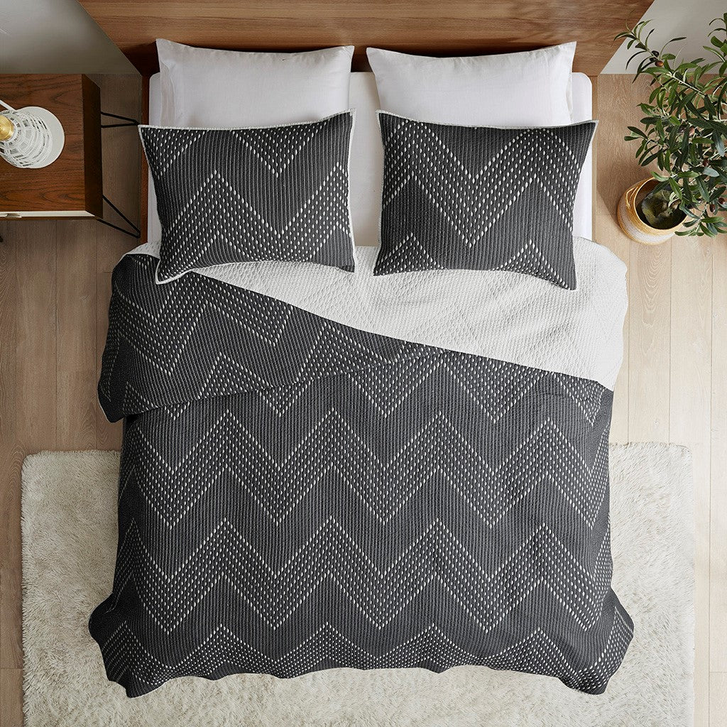 3 Piece Embroidered Cotton Quilt Set Black Full Queen Queen Black Cotton