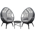 3 Pieces Patio Egg Chairs Model 3 With Side Table Set,Black Color Pe Rattan And Grey Cushion Yes Black Foam Steel