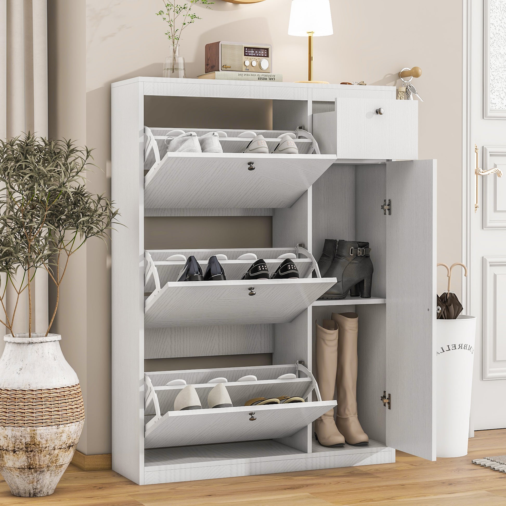 Shoe Cabinet,Freestanding Tipping Bucket Shoe Rack Organizer With 3 Flip Drawers,Entryway Narrow Shoe Storage With Adjustable Storage Shelf,Modern Slim Hidden Shoe Cabinet, White 5 Or More Spaces White Primary Living Space Particle Board