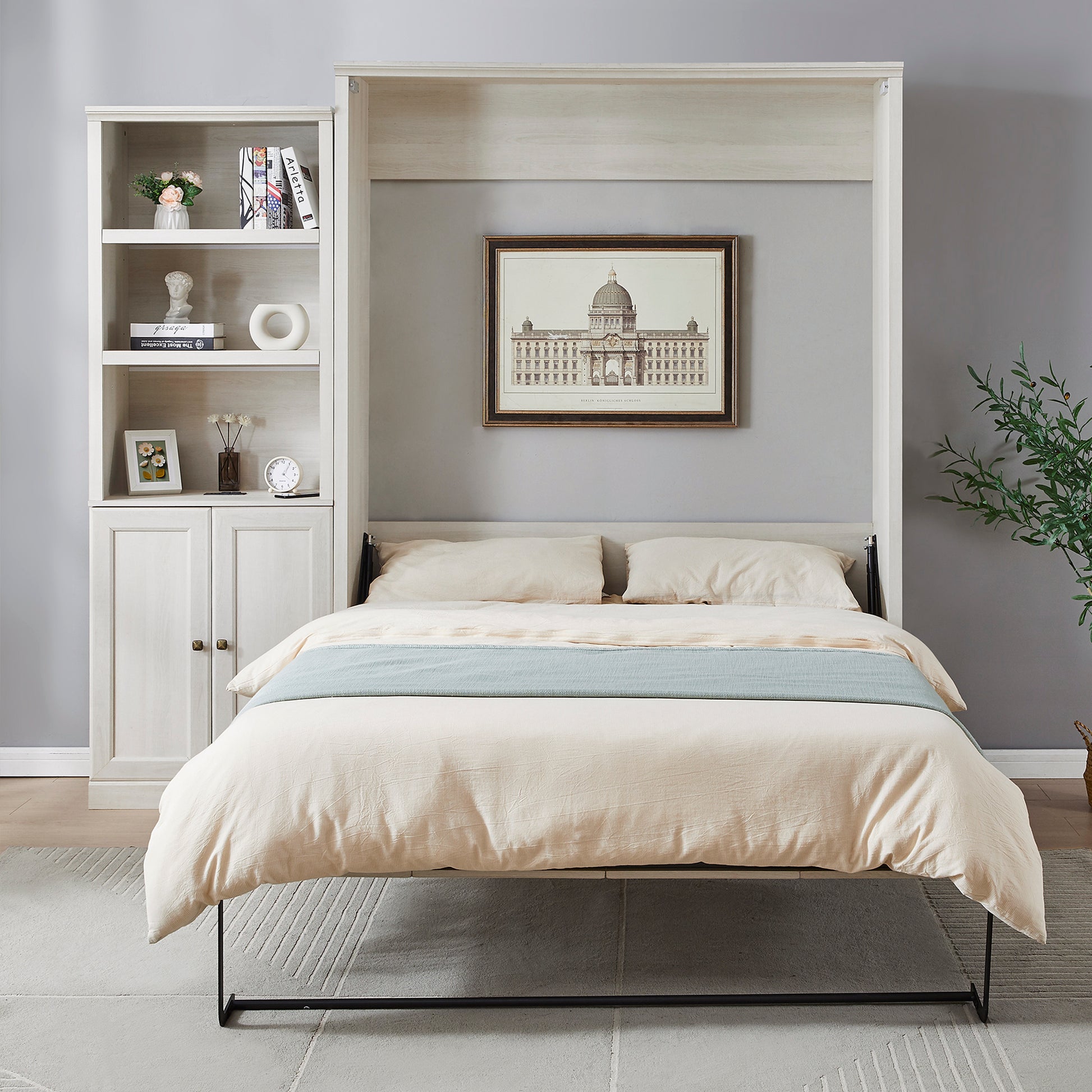 Queen Size Half Self Close And Open Murphy Bed With 1 Side Cabinet Storage Shelf, Cabinet Space Saving Bed Perfect For Guest Room, Bed Room, Guest Room, Home Office, Rustic White Box Spring Not Required Queen Rustic White Wood White Pine Murphy Solid