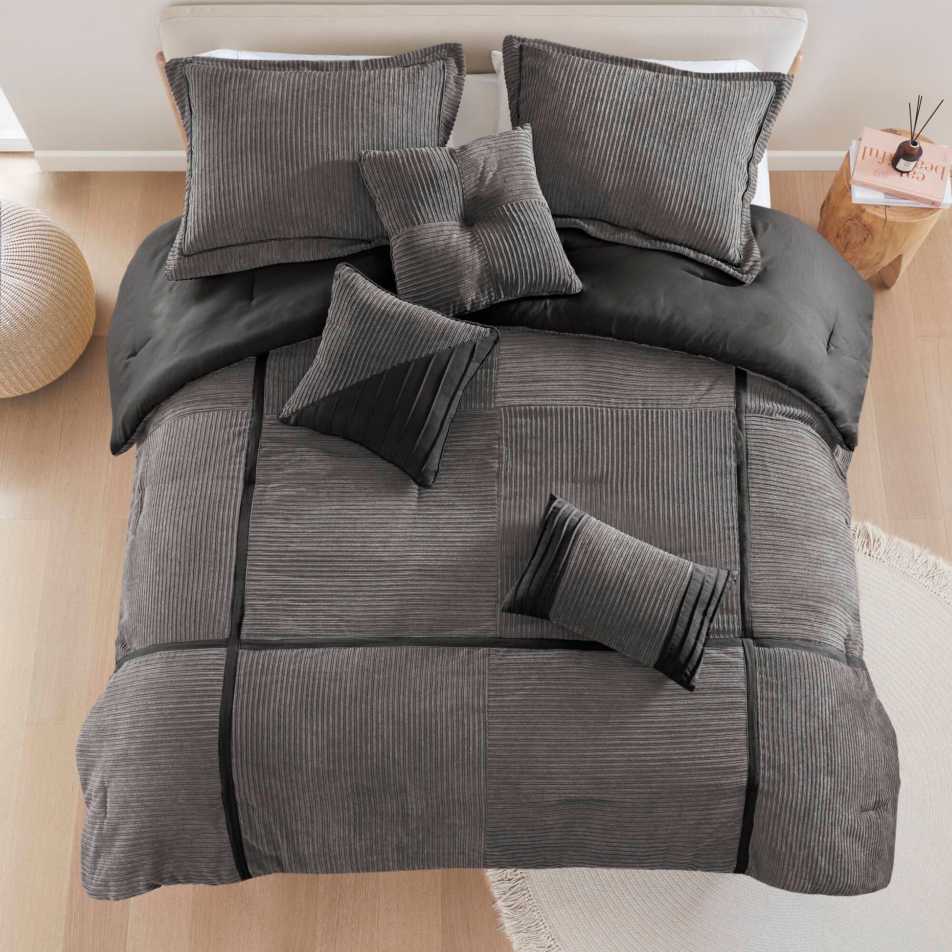 7 Piece Micro Corduroy Comforter Set Grey King Grey Polyester