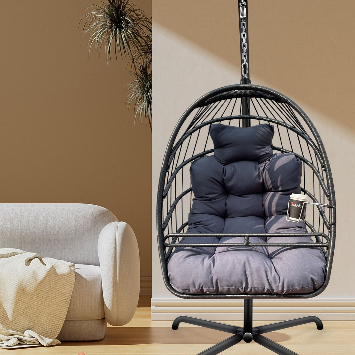 Swing Egg Chair With Stand Indoor Outdoor Wicker Rattan Patio Basket Hanging Chair With C Type Bracketwith Cushion And Pillow,Patio Wicker Folding Hanging Chair Special Construction Cup Holder Black
