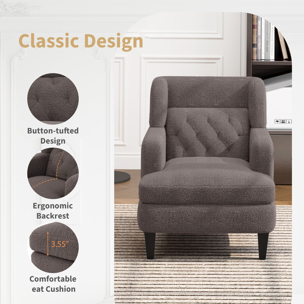 Upholstered Accent Chair Tufted Armchair For Living Room And Bedroom, Russet Brown Brown Birch Foam Teddy