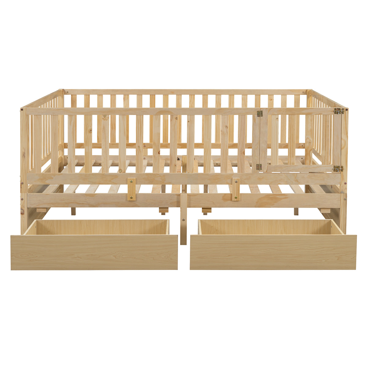 Full Size Wood Daybed With Fence Guardrails And 2 Drawers, Split Into Independent Floor Bed & Daybed, Natural Old Sku :Lp000882Aan Full Natural Solid Wood Mdf
