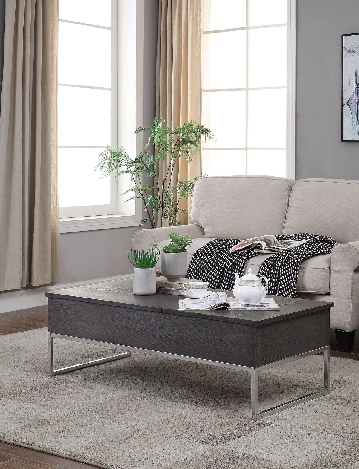 Grey Oak And Chrome Coffee Table With Lift Top Oak Silver Primary Living Space Rectangular Wood Metal Sled