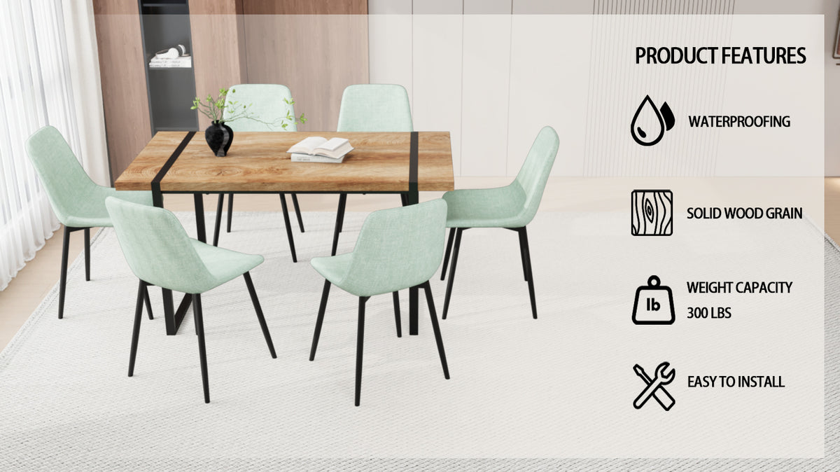 59" Mdf Natural Wood Dining Table And Modern Dining Chair 8 Piece Set, Medieval Kitchen Dining Table Set, Rectangular Metal Base, Dining Table And Velvet Chair Green Buy 6 Chairs And Get 2 Free