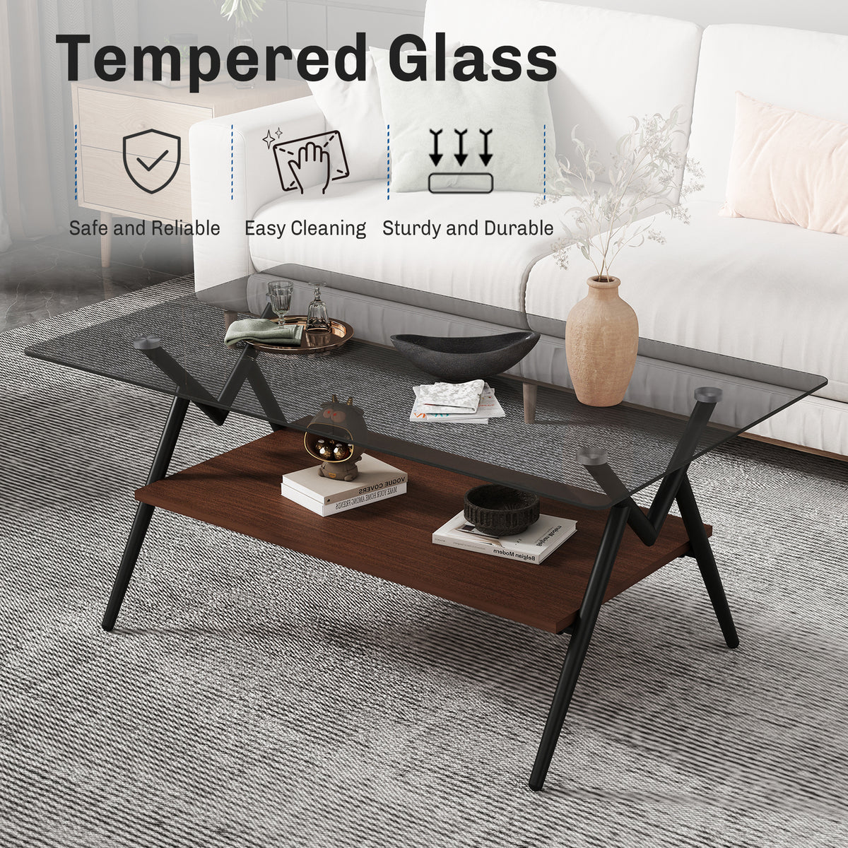 Coffee Table And End Tables Set Of 3, Tempered Glass Table With Mdf Layer, Modern Tables For Living Roomgray Glass Gray Tempered Glass