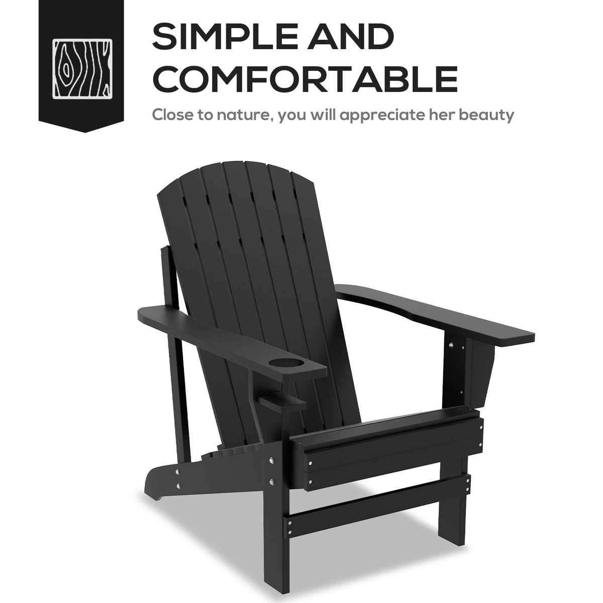 Outsunny Wooden Adirondack Chair, Outdoor Patio Lawn Chair With Cup Holder, Weather Resistant Lawn Furniture, Classic Lounge For Deck, Garden, Backyard, Fire Pit, Black Black Wood