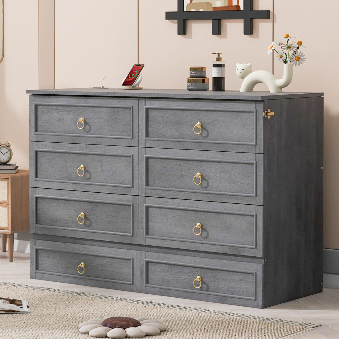 Queen Murphy Bed With Large Drawers,Gray Queen Gray Plywood