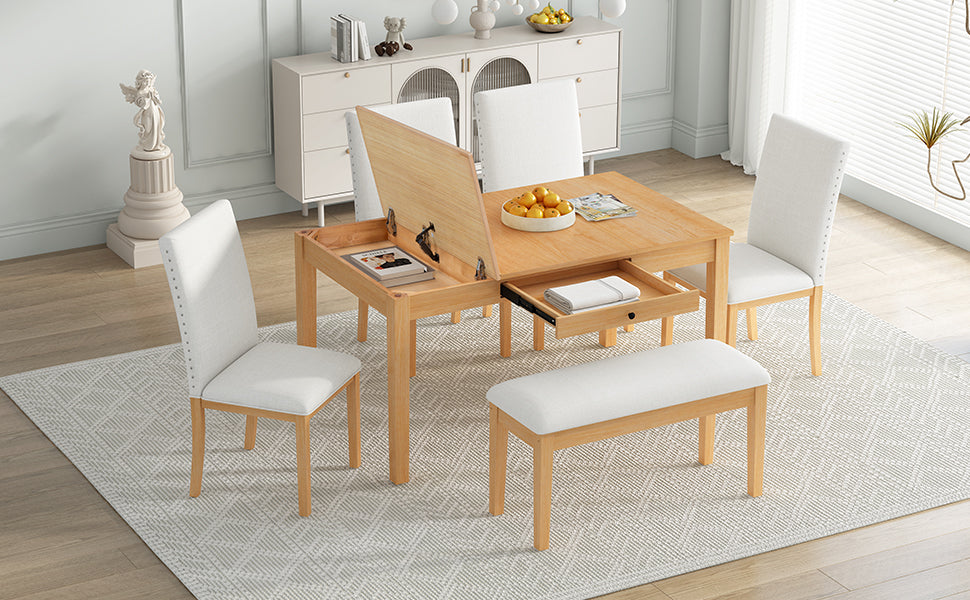Farmhouse 6 Piece Dining Table Set With Storage Table, Kitchen Table Set With Drawer, Storable Bench And Upholstered Dining Chairs, Natural Beige Wood Dining Room Bench Seating Acacia Rectangular Dining Table With Chair And Bench Upholstered Chair Wood