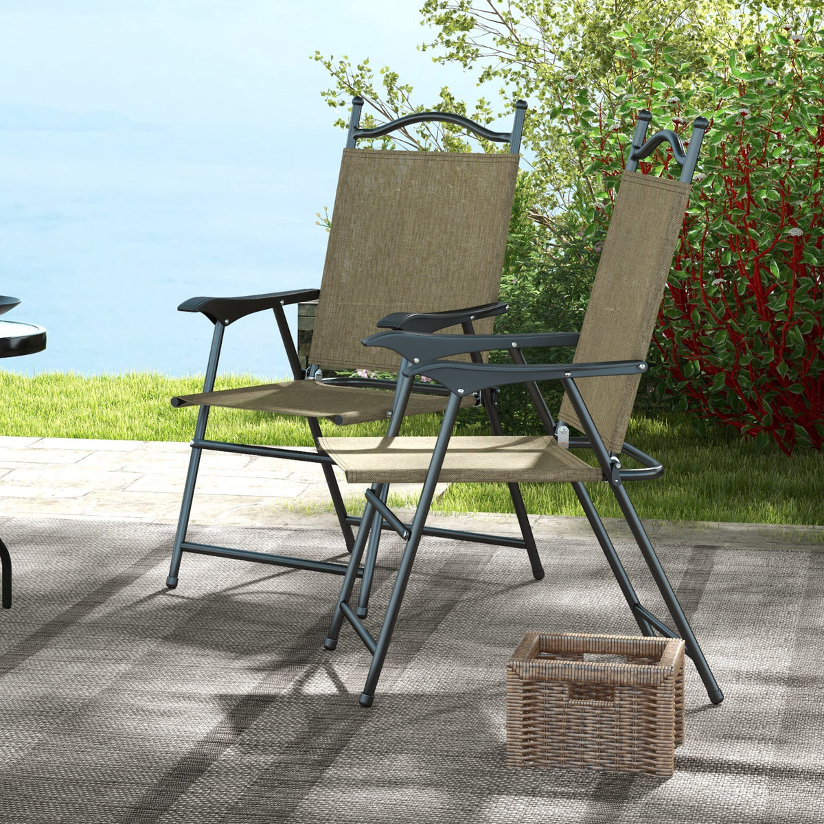 Outsunny Folding Patio Chairs, Set Of 4 Sports Chairs For Adults, Camping Chairs With Armrests,Mesh Fabric Seat For Lawn, Beige Beige Metal