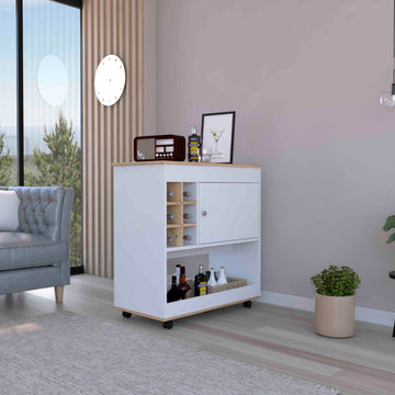 Camelia Bar Cart, Lower Panel, Six Bottle Cubbies, One Cabinet Light Oak White Multicolor Dining Room Modern Rectangular Particle Board Particle Board Medium 40 55In