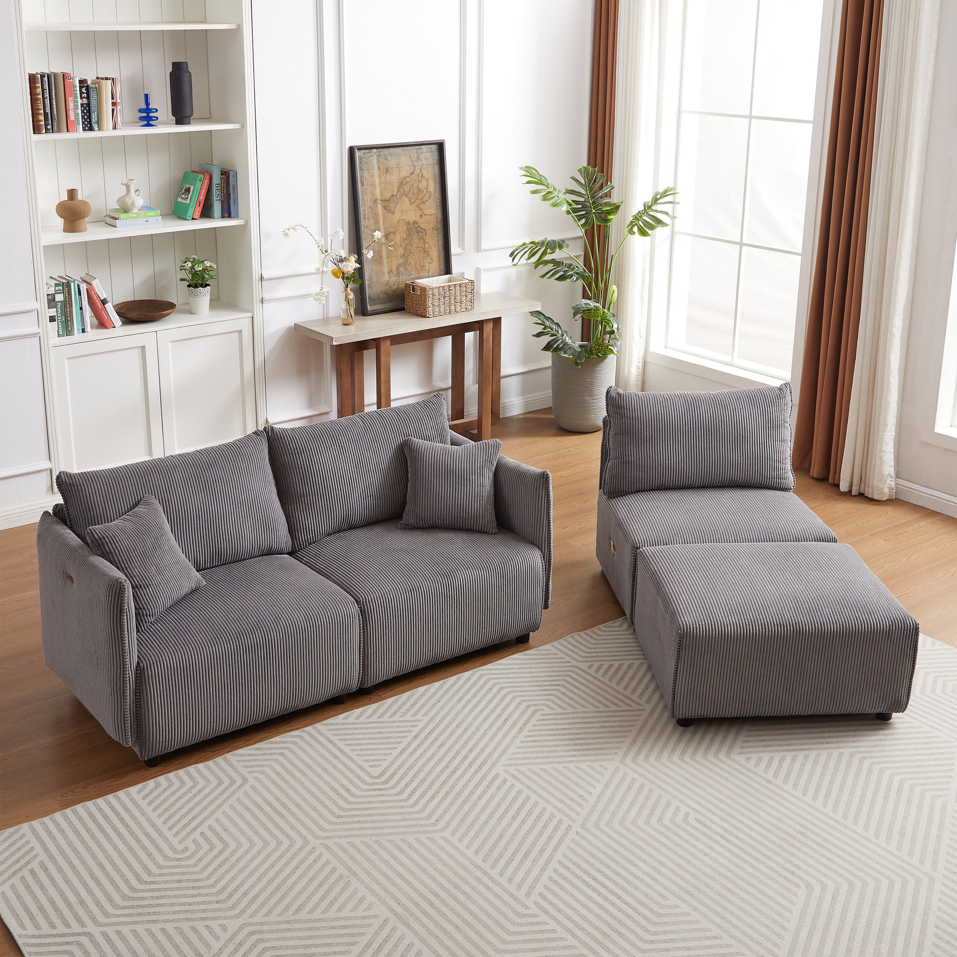 Multi Module Combination Style Sofa For Living Room, Bedroom And Other Lounge Spaces, Modern Minimalist Corduroy Combination Sofa With 2 Comfort Cushions With Usb & C Charging Ports,Gray,Two Sets Gray Foam Fabric 8 Seat