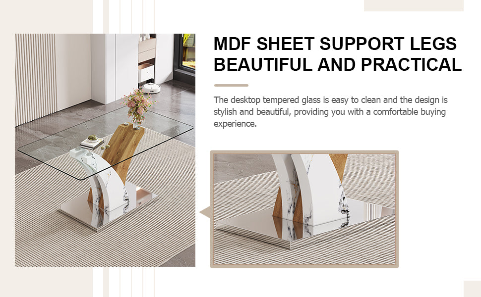 Table And Chair Set.Modern Dining Table, Tempered Glass Countertop With Artistic Mdf Legs.Paried With 4 Comfortable Chairs With Pu Seats And Metal Legs. Suitable For Various Decoration Styles. Black,Transparent Seats 4 Mdf Glass