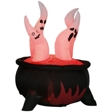 Outsunny 4Ft Halloween Inflatables Outdoor Decorations White Ghosts In Red Cauldron, Blow Up Led Yard Decor For Garden, Lawn, Party, Holiday White Polyester