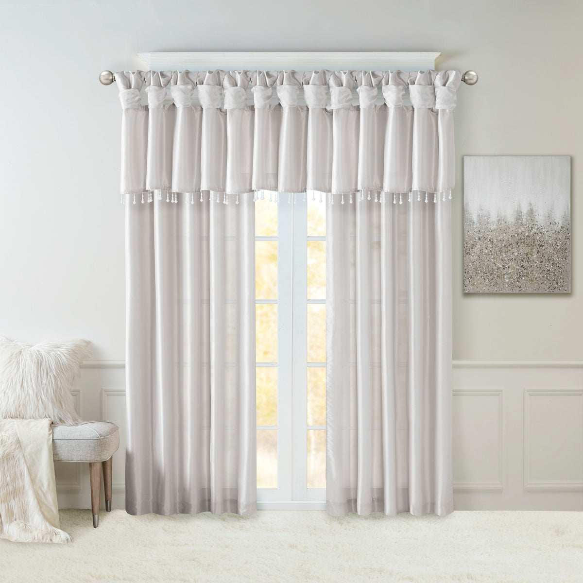 Lightweight Faux Silk Valance With Beads Silver 50X26" Silver Polyester