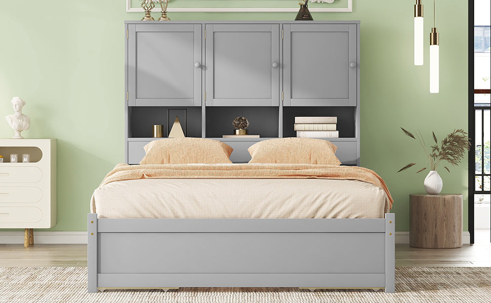 Queen Size Platform Bed With Storage Headboard And 4 Drawers, Gray Box Spring Not Required Queen Gray Wood Bedroom Bed Frame Solid Wood Mdf