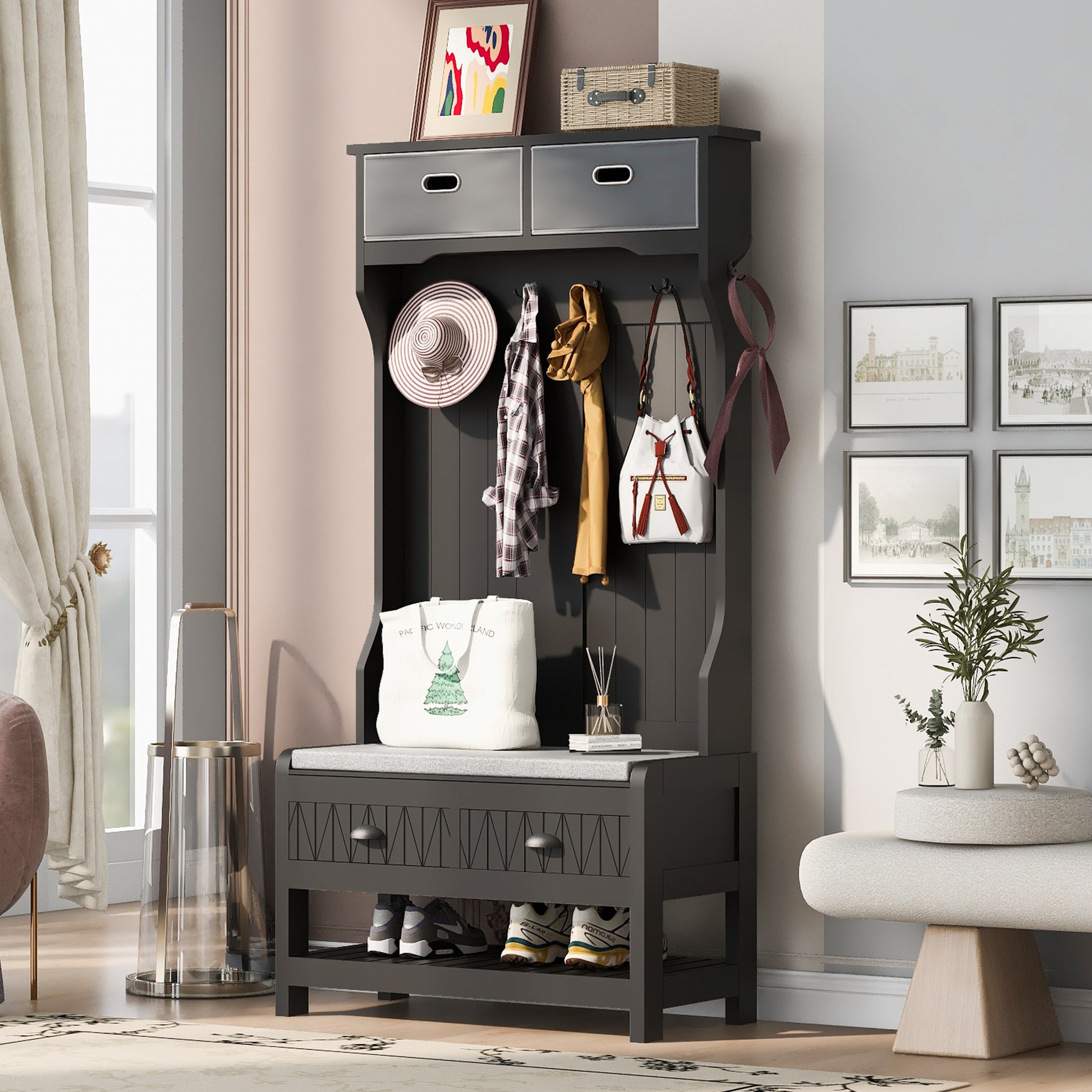 Hall Tree With 6 Hooks And Hinged Lid, Coat Hanger, Entryway Bench, Storage Bench, 3 In 1 Design, 69Inch, For Entrance, Hallway Black Mdf