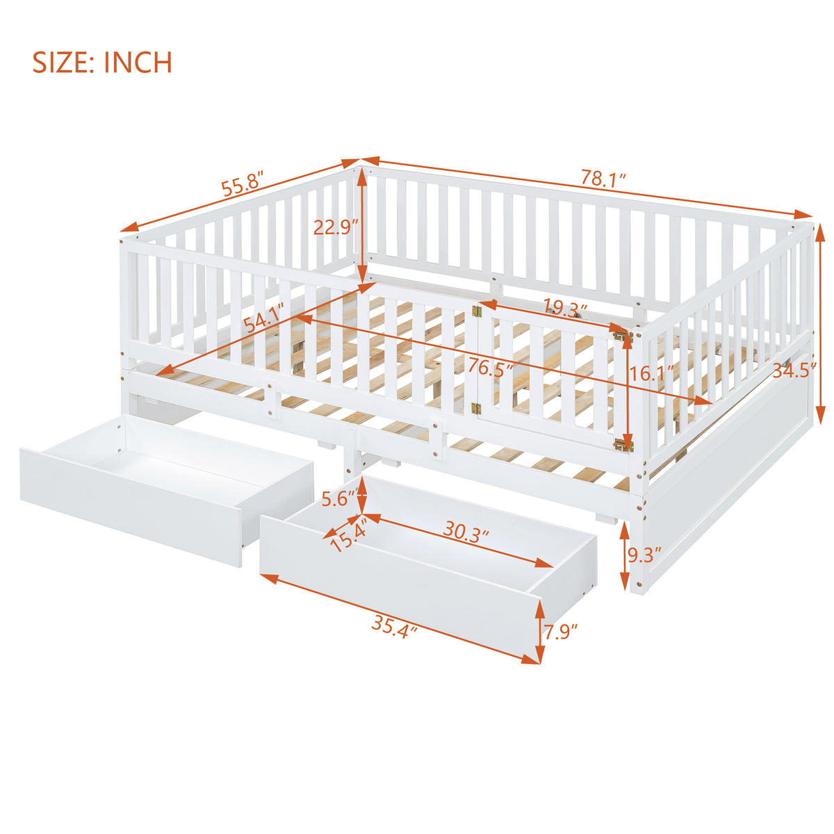 Full Size Wood Daybed With Fence Guardrails And 2 Drawers, Split Into Independent Floor Bed & Daybed, White Old Sku :Lp000882Aak Full White Solid Wood Mdf