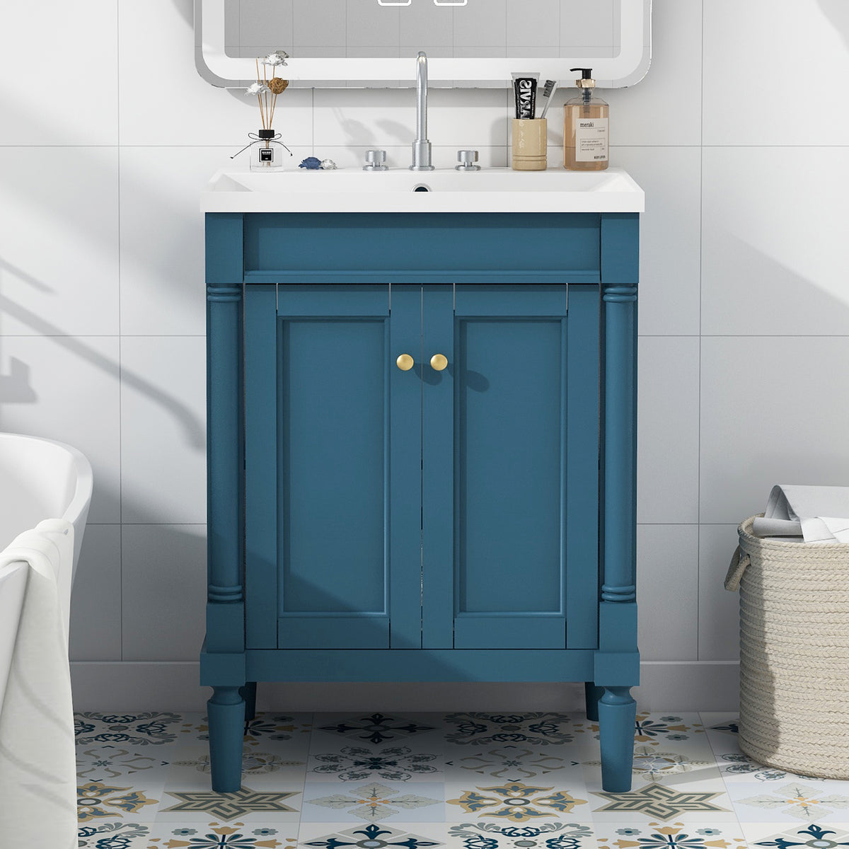 24'' Bathroom Vanity With Top Sink, 2 Tier Modern Bathroom Storage Cabinet, Single Sink Bathroom Vanity, Large Storage Shelves Blue 2 1 Adjustable Hinges Freestanding Modern Solid Wood Mdf Resin Painted