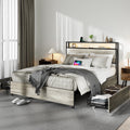 Queen Size Bed Frame With 4 Storage Drawers And 2 Usb Ports, Upholstered Platform Bed Frame With Storage Headboard Charging Station And Metal Slat Support, No Box Spring Needed, Dark Grey. Box Spring Not Required Queen Dark Grey Metal Bedroom Bed Frame