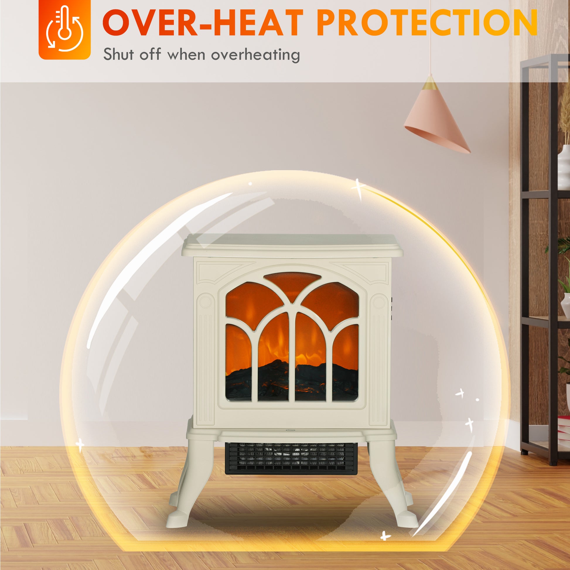 Homcom 17" Freestanding Electric Fireplace Stove, Fire Place Heater With Realistic Logs And Flame Effect And Overheat Protection, 750W 1500W, Beige Beige Plastic