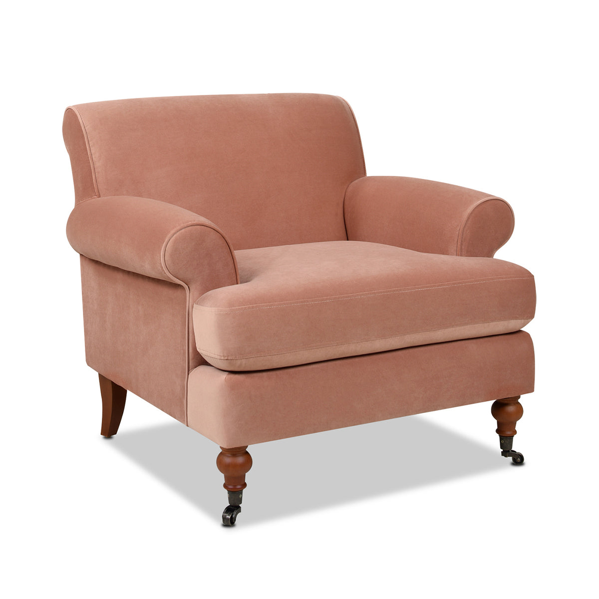 Alana 38" Lawson Accent Arm Chair Metal Casters, Peach Orange Velvet Orange Foam Velvet