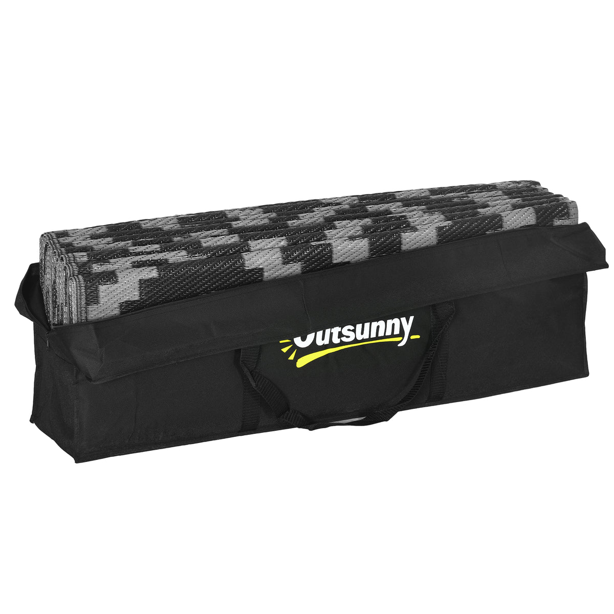 Outsunny Reversible Outdoor Rug, 9' X 12' Waterproof Plastic Straw Floor Mat, Portable Rv Camping Carpet With Carry Bag, Large Floor Mat For Backyard, Deck, Picnic, Beach, Black & Gray Geometric Multicolor Polypropylene