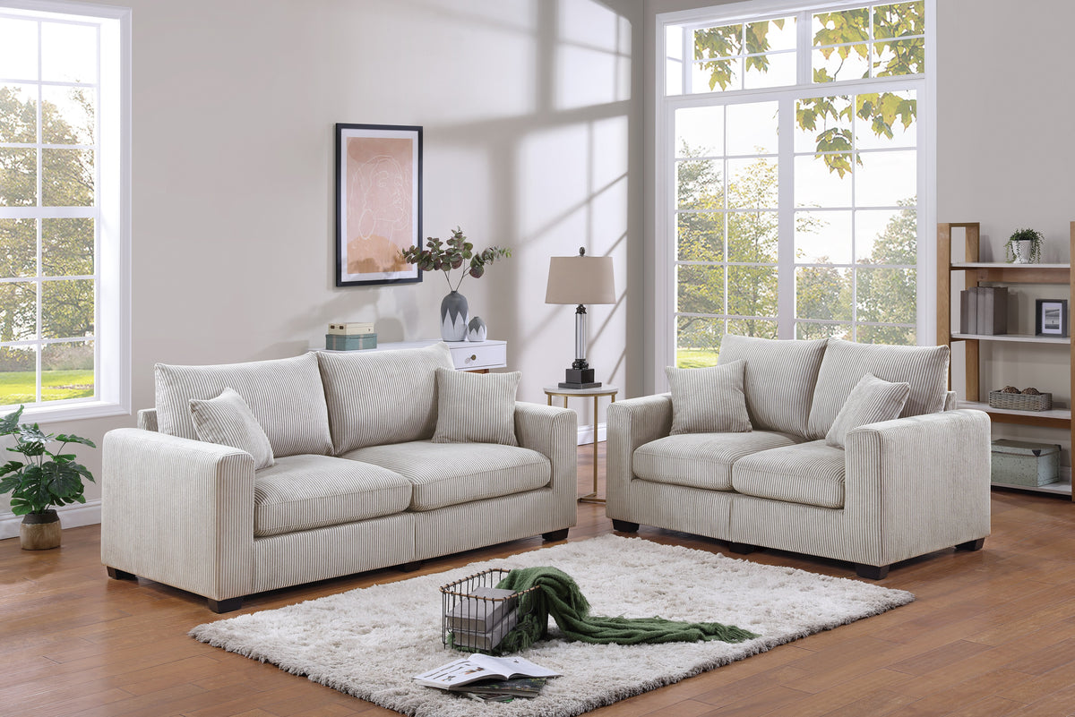 Classic Living Room 2Pc Sofa Set Ivory Corduroy Sofa And Loveseat W Pillows Square Arms Plush Couch Ivory Primary Living Space Cushion Back Classic,Contemporary,Modern Rubberwood Square Arms Corduroy 4 Seat