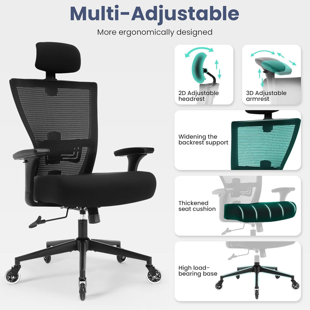 Big And Tall Office Chair 500Lbs Ergonomic Office Chair For Heavy People With 3D Armrest, Quiet Rubber Wheels, Adjustable Lumbar Support And Headrest Heavy Duty Metal Base Mesh Chair Nylon Black