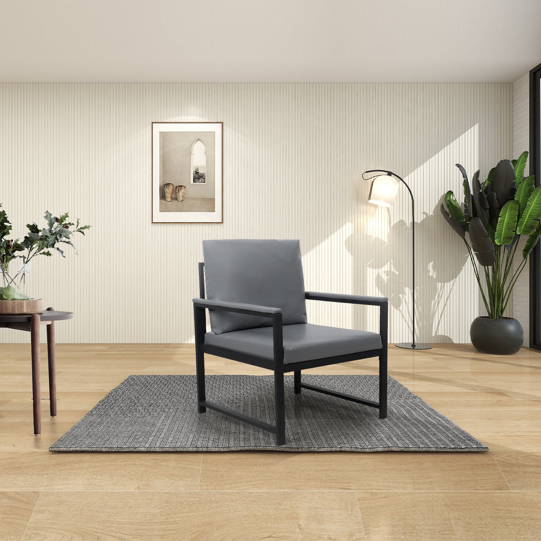 Lounge, Living Room, Office Or The Reception Area Pvc Leather Accent Arm Chair With Extra Thick Padded Backrest And Seat Cushion Sofa Chairs,Non Slip Adsorption Feet,Sturdy Metal Frame,Gray Gray Polyvinyl Chloride