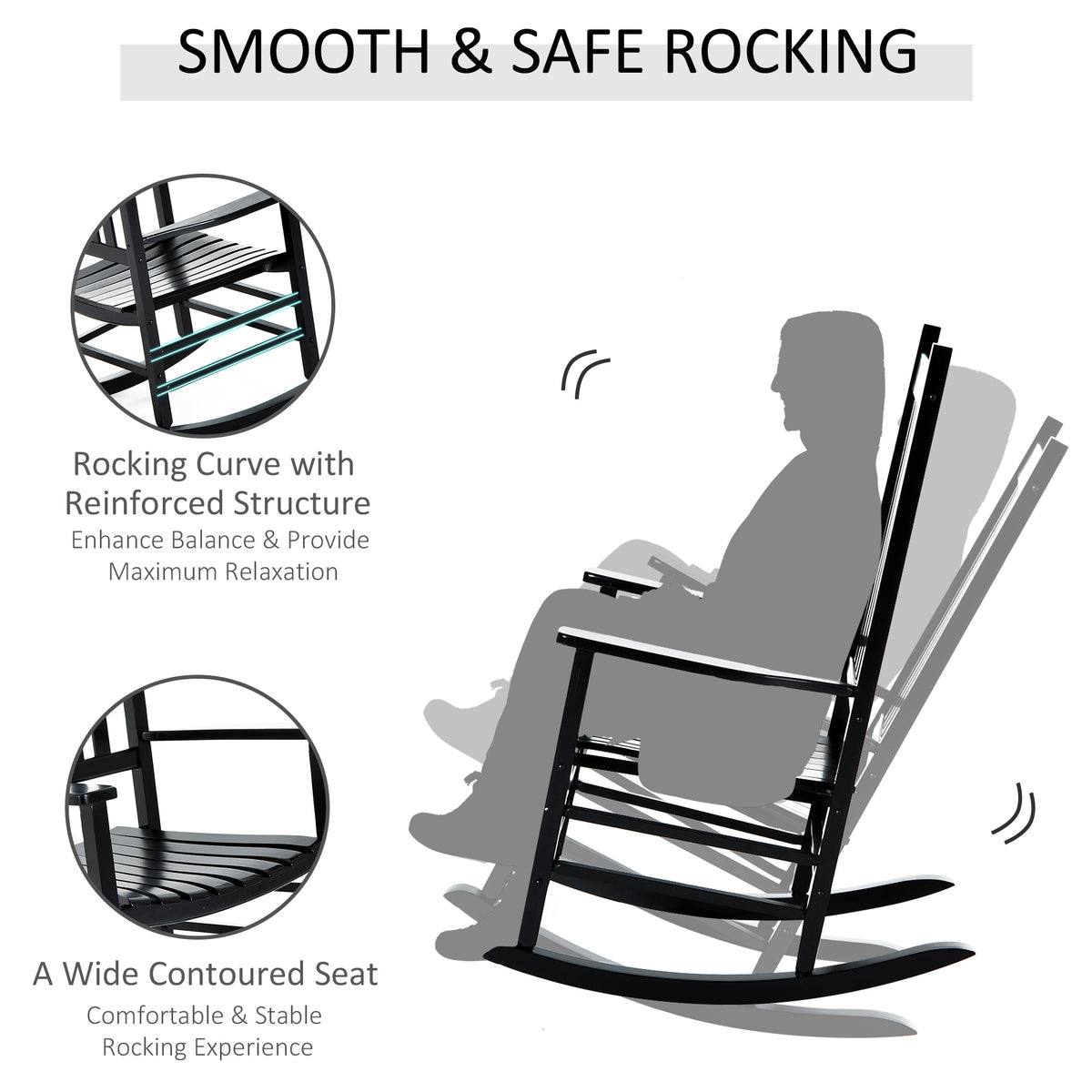 Outsunny Outdoor Rocking Chair, Patio Wooden Rocking Chair With Smooth Armrests, High Back For Garden, Balcony, Porch, Supports Up To 352 Lbs., Black Black Wood