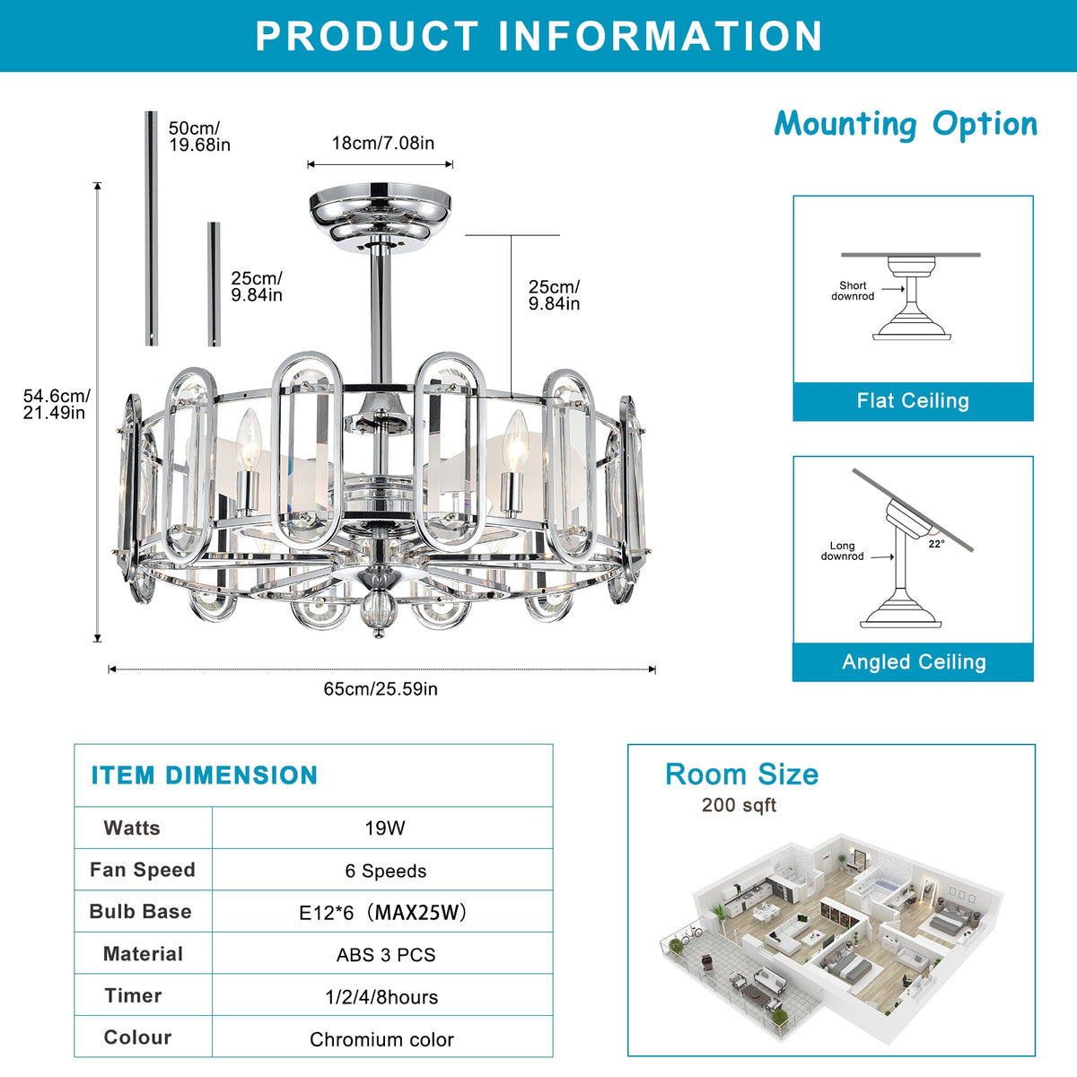 Dia 26 Inch Crystal Chandelier Ceiling Fan Vintage Fandelier Flush Mounted Invisible For Bedroom Dining Room Living Room Kitchen Farmhouse Entry, Chrome Chrome American Design,American Traditional,Retro,Traditional,Vintage Crystal Iron