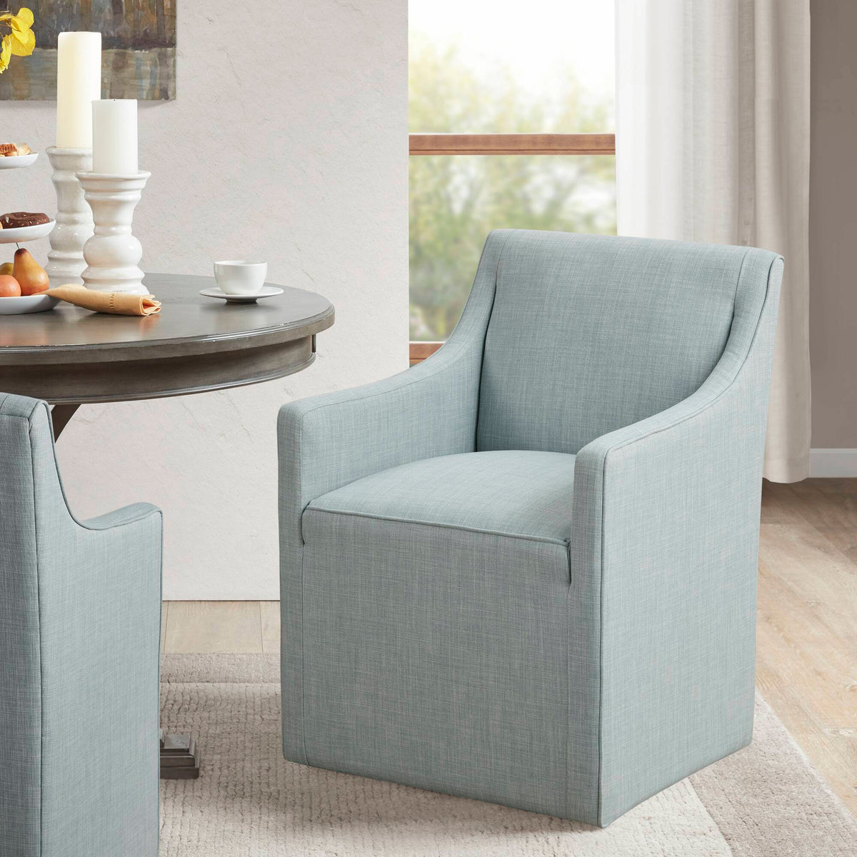 Skirted Dining Arm Chair With Casters Blue Wood