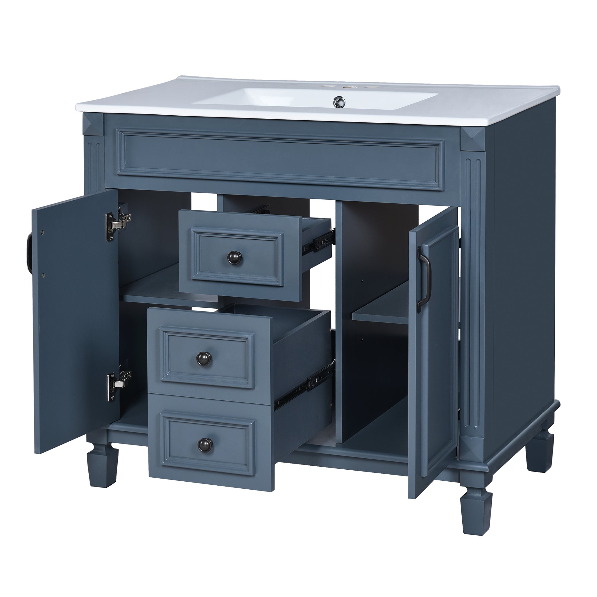 36'' Bathroom Vanity With Top Sink, Modern Bathroom Storage Cabinet With 2 Soft Closing Doors And 2 Drawers, Single Sink Bathroom Vanity Blue Bathroom Modern Solid Wood Mdf Ceramic,Solid Wood Mdf