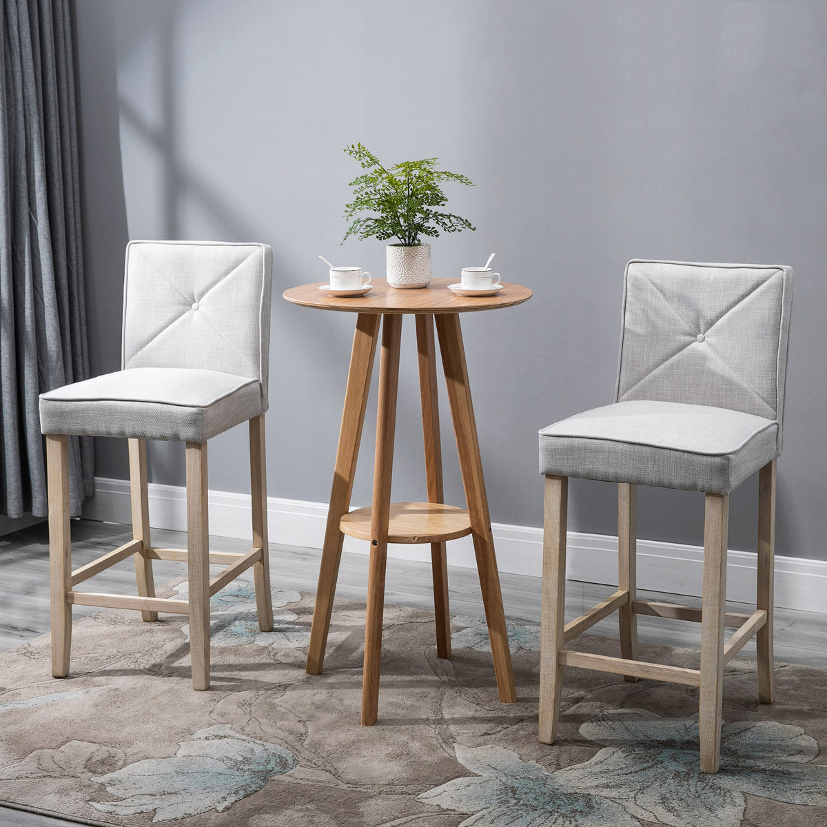 Homcom Modern Bar Stools Set Of 2, Upholstered Bar Height Kitchen Stools With Build In Footrest, Solid Wood Legs, Beige Beige Polyester