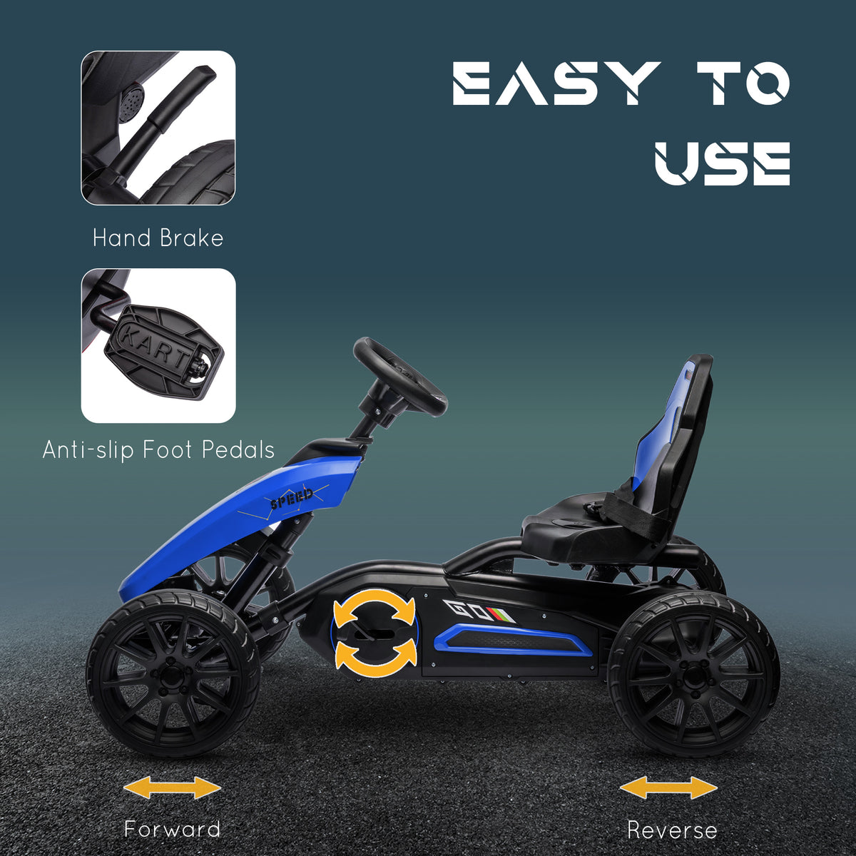 Aosom Kids Pedal Go Kart, Outdoor Ride On Toys With Swing Axle, Adjustable Seat, Handbrake, 4 Shock Absorbing Wheels, Gift For Boys And Girls Aged 3 8 Years Old, Blue Blue Plastic