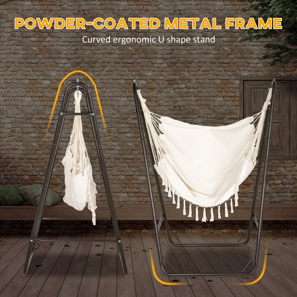 Outsunny Patio Hammock Chair With U Shape Stand, Outdoor Hammock Swing Hanging Lounge Chair With Side Pocket, Brown Cream White White Steel