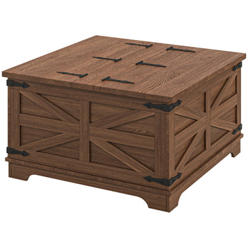 Homcom Farmhouse Coffee Table With Storage, Center Table With Hinged Lift Top And Hidden Space, Square Coffee Table For Living Room, Distressed Brown Brown Particle Board